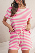 Rose Stripe Crew Neck T Shirt and Drawstring Shorts Set Rose Stripe 97%Polyester+3%Elastane d7181583227e2e42