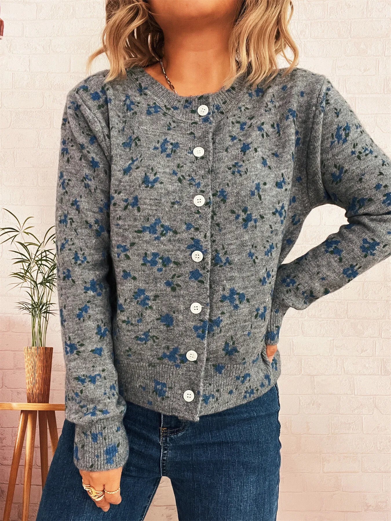 Floral Button-Up Long Sleeve Cardigan Dark Gray One Size d7186a896bdd451c9b749d0de17e4f21-Max-Origin
