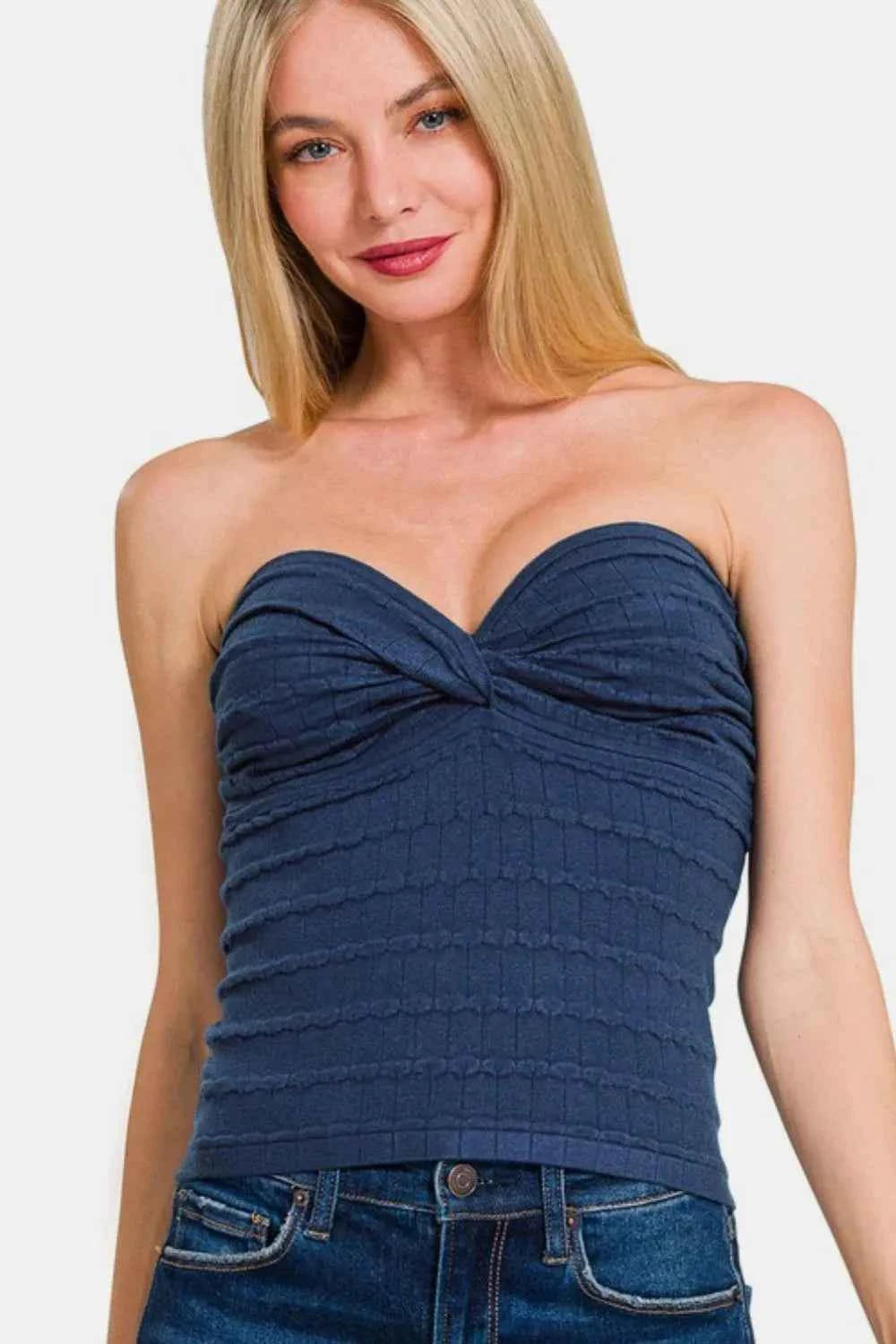 Zenana Ruched Twisted Sweetheart Neck Top Lt Navy d7186d9c-2cf6-4f4d-adda-6738411e797f-Max