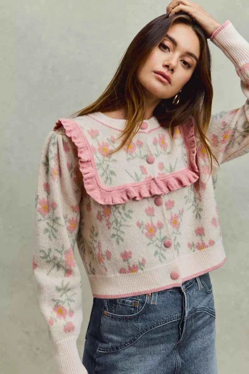 SO ME Flower With Ruffle Detailing Sweater Cardigan d71c84af6cca4e44939462a947439013-Max-Origin