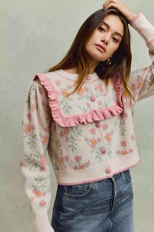 Flower With Ruffle Detailing Sweater Cardigan d71c84af6cca4e44939462a947439013-Max-Origin