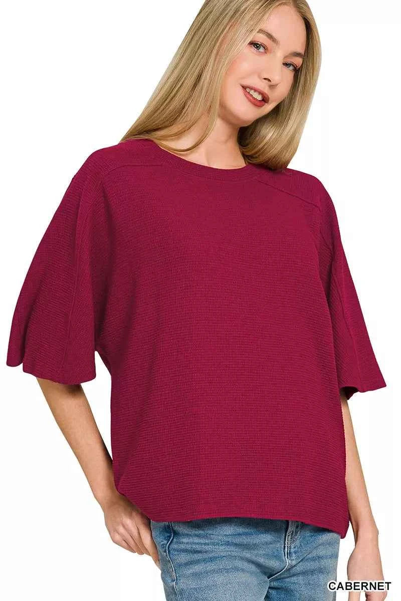 Zenana Double Knit Short Sleeve Top CABERNET d71ff8f3d28c4761a7afba241dcfb1a6-Max-Origin