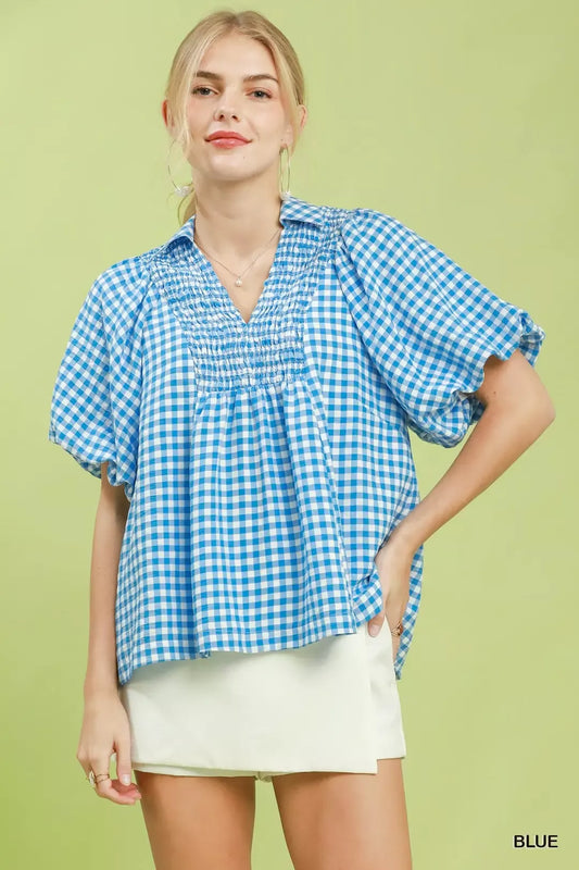 Smocked Yoke Puff Sleeve Gingham Blouse BLUE d721b708-c8a0-4eb3-a4c2-cebecef7672b-Max-Origin