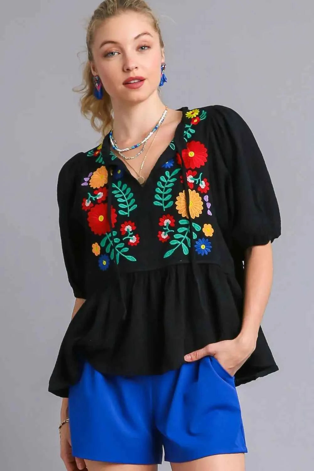 Umgee Full Size Cotton Gauze Floral Embroidery Babydoll Blouse Plus Size Black d7230d75-07c4-401b-ba01-7d1352a96464-Max