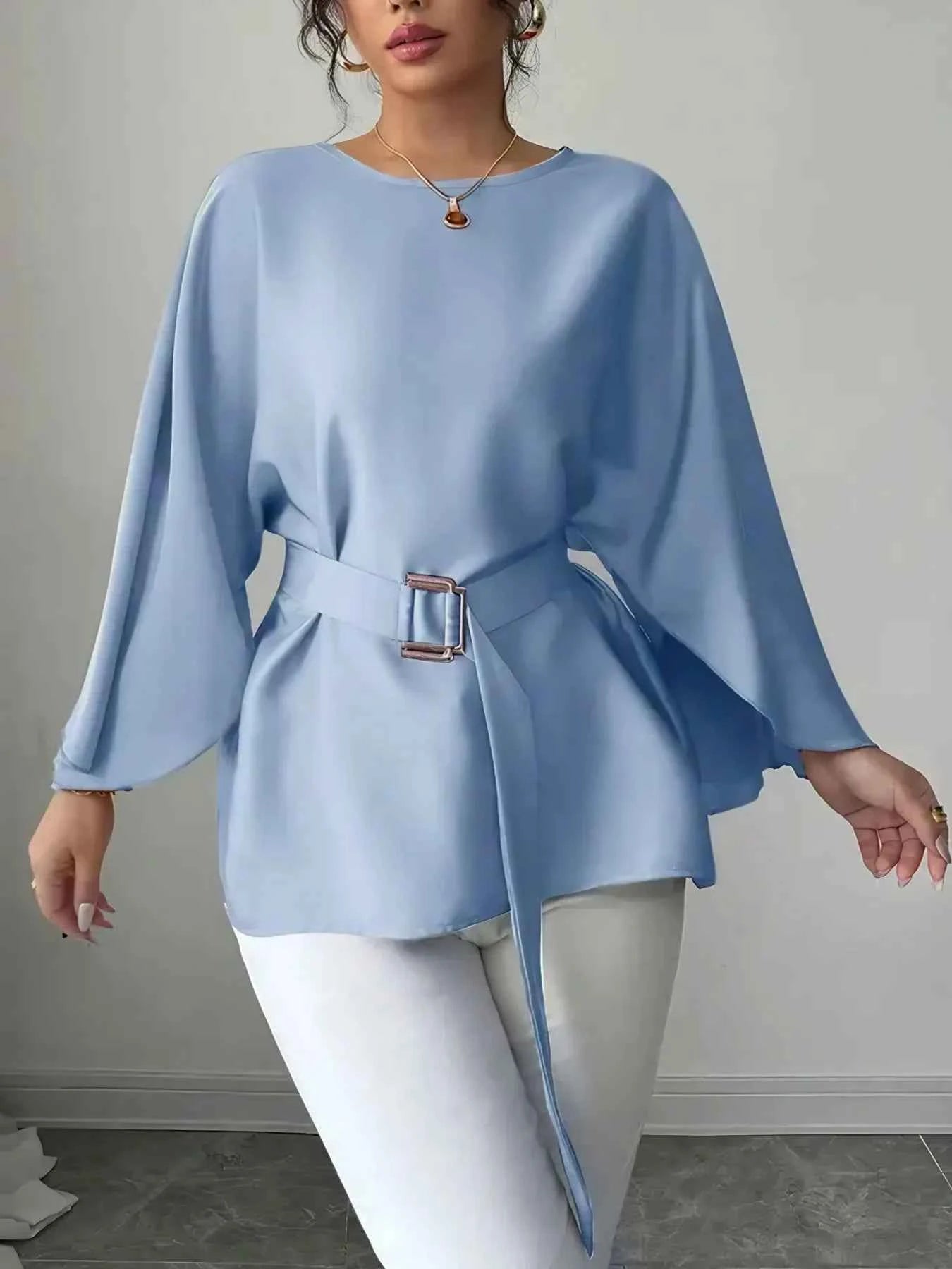 Belted Round Neck Flutter Sleeves Blouse d7257fbe-7e76-4188-ac22-6e048c2ec35e-Max-Origin