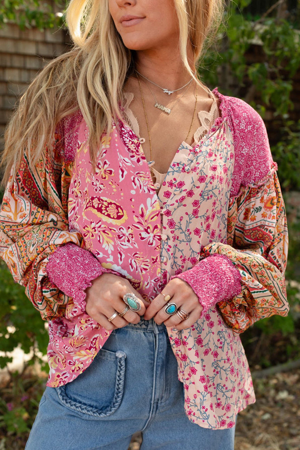 Pink Mixed Floral Printed Lantern Sleeve V-Neck Blouse d7272c17afa14ea4
