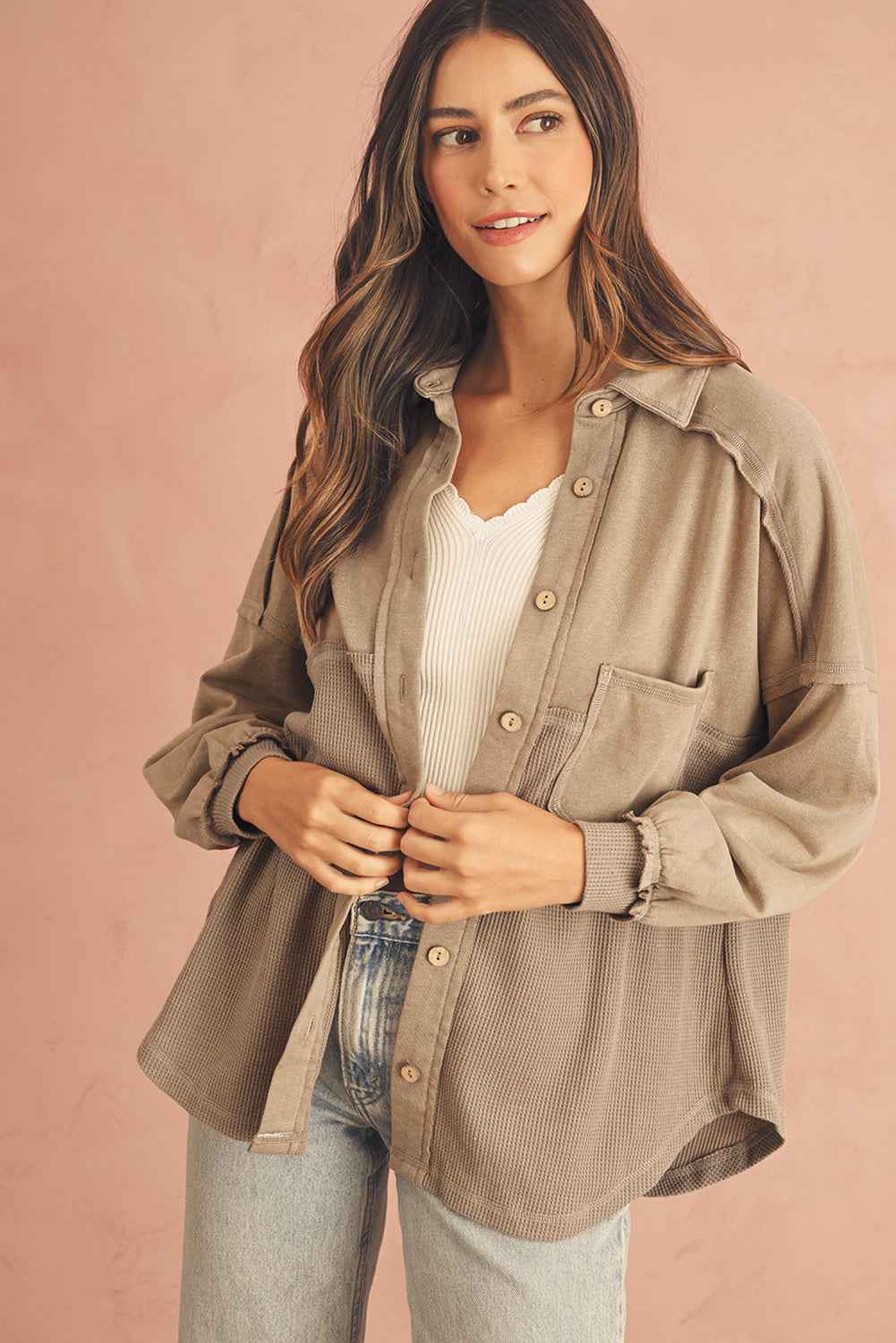 Goat Mineral Wash Textured Patchwork Loose Fit Shacket d72766e28a088d2c