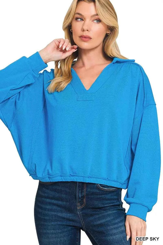 Zenana French Terry Collared Exposed Seam Sweatshirt DEEP SKY d72c20a41a074f658b4626a888ec33a0-Max-Origin