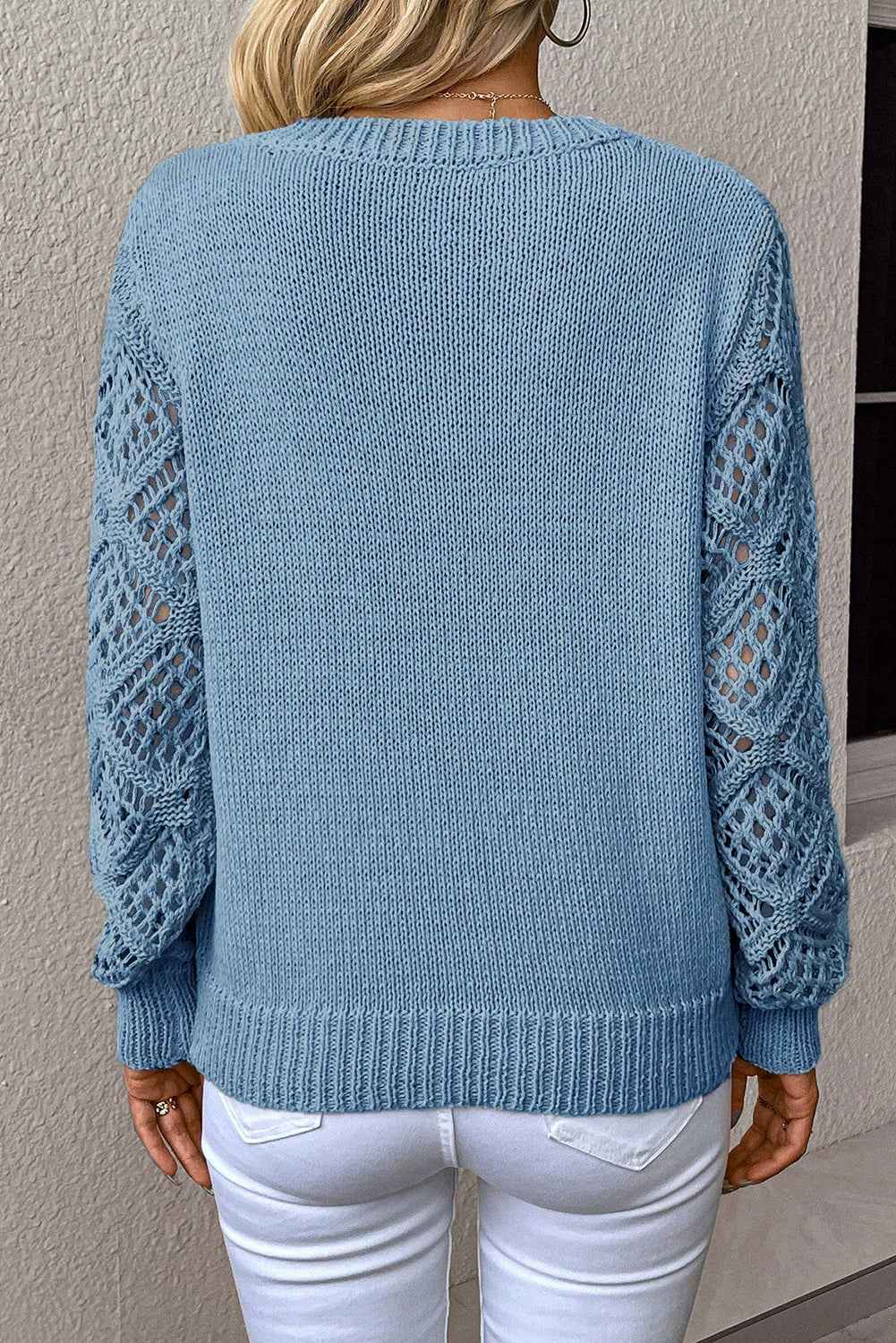 Beau Blue Solid V Neck Pointelle Knit Sleeve Patchwork Sweater d72fad85893c9a4d