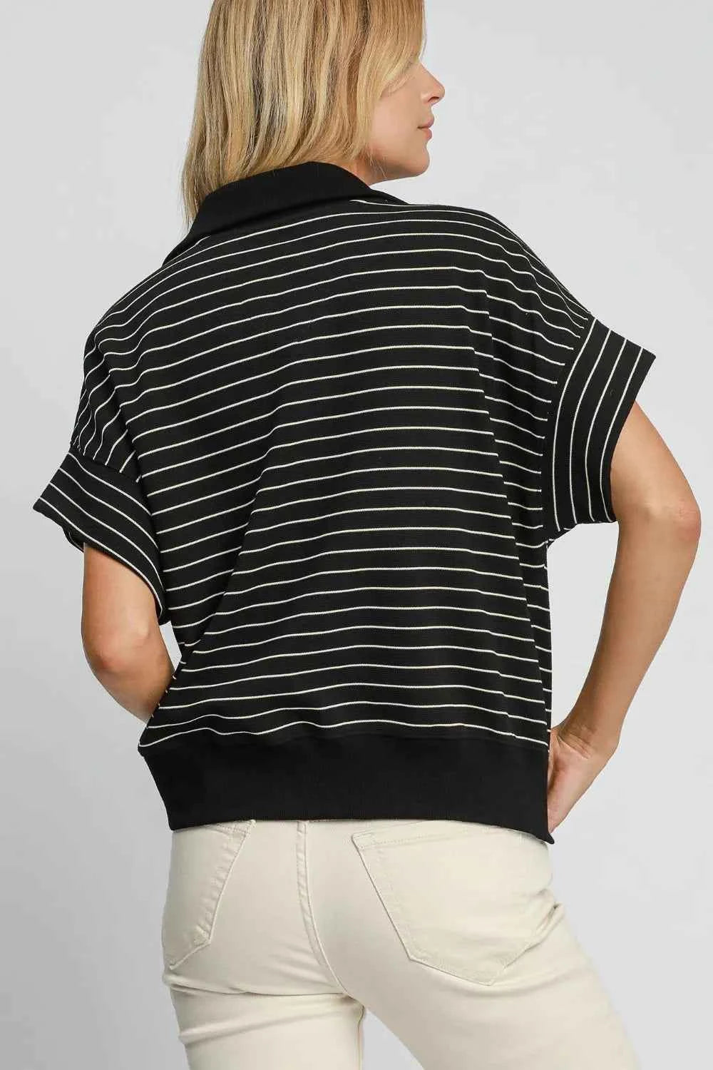Umgee Striped Half Zip Short Sleeve Sweatshirt d730c15f-be3a-4e2a-b31f-07f34780f1b8-Max