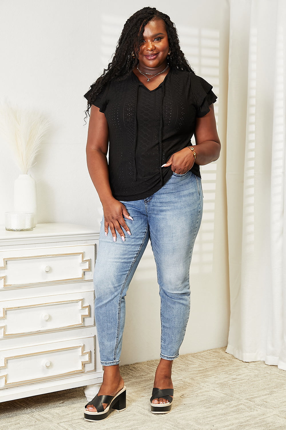 Mandy Eyelet Tie-Neck Flutter Sleeve Blouse d73571e4331e4ceda6834f088820451e-Max