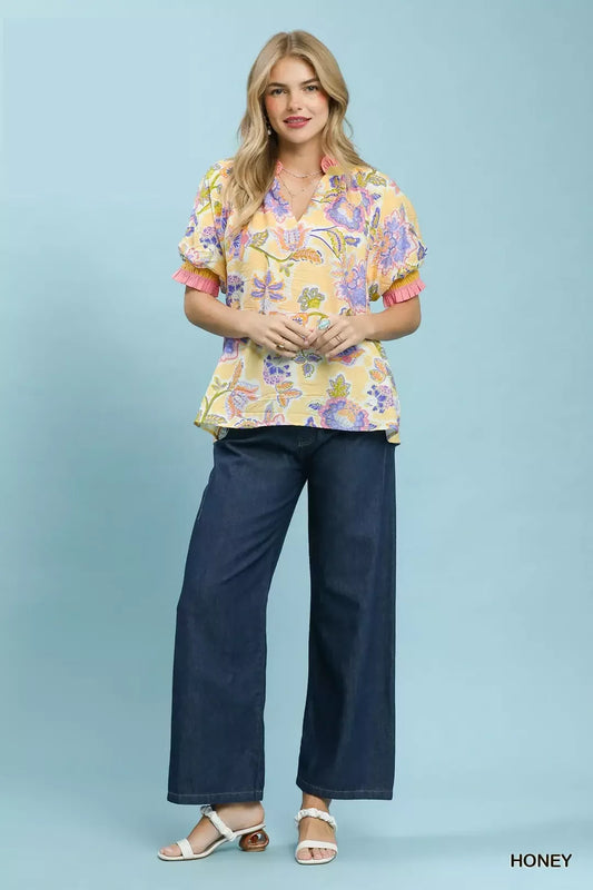 Floral Print Ruffled Short Sleeve Top d73852bd-51e2-469b-a9b0-6c48e3abb394-Max-Origin