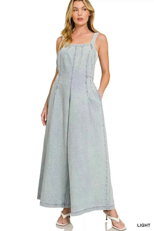 Denim Light Washed Wide Leg Overalls d743e689632c4ebe80ea599955692cfe-Max-Origin