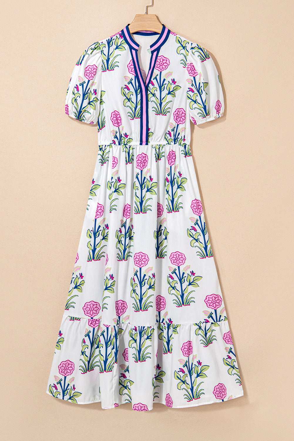 Blue Floral Ruffle Hem Pop of Color Neckline Dress d74465d5a49d20a6-_20