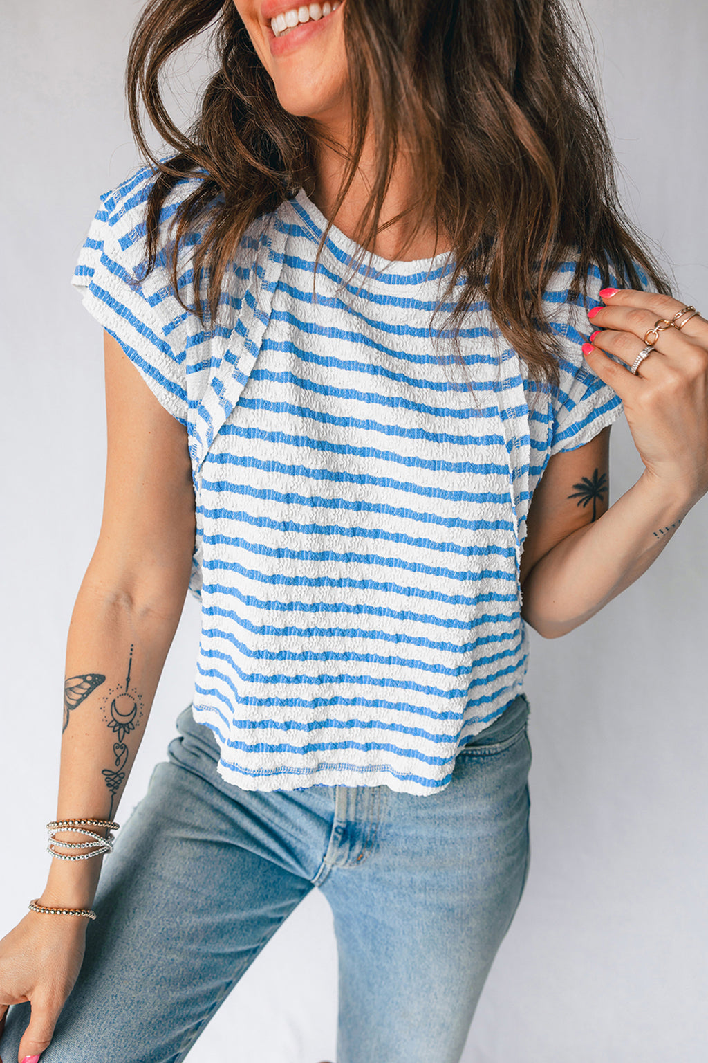 Blue Stripe Textured Short Sleeve Patchwork T Shirt d748de3a9b222ce2