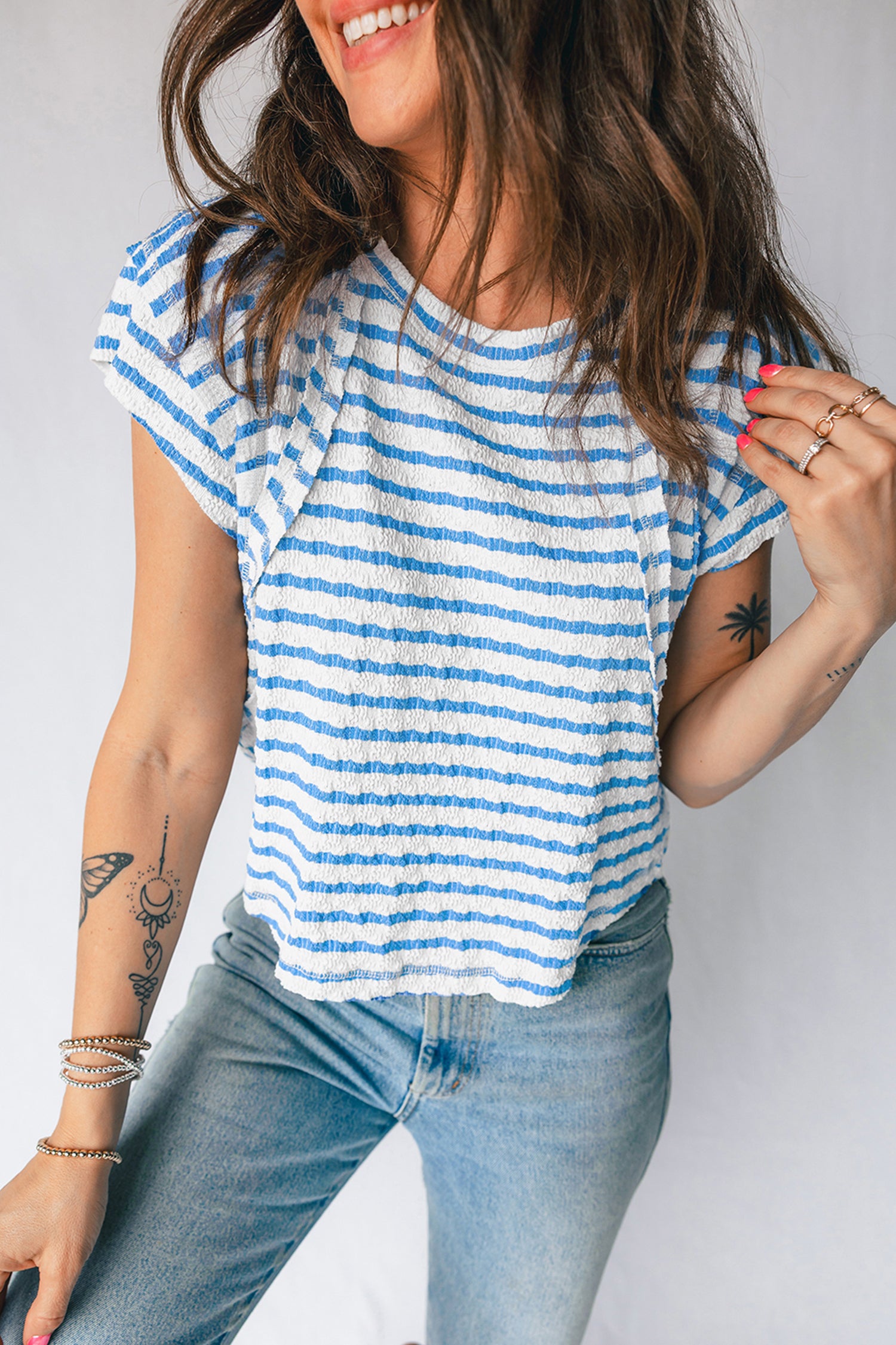 Blue Stripe Textured Short Sleeve Patchwork T Shirt d748de3a9b222ce2