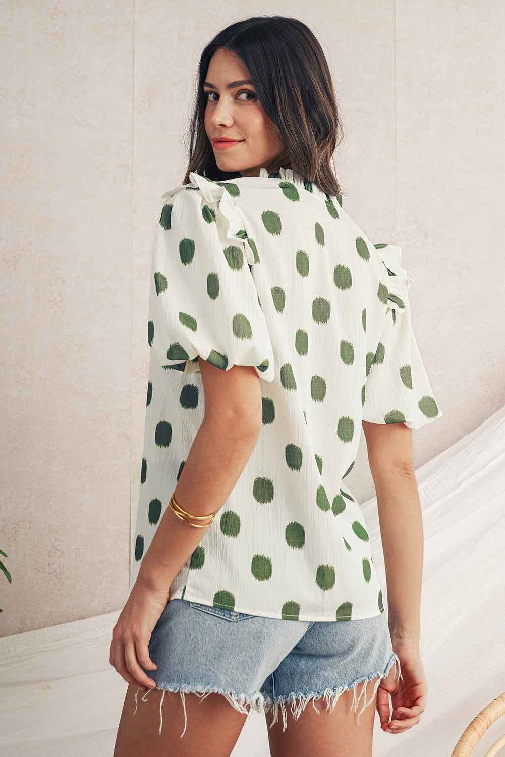 Rose Polka Dot Print Shirred Notched Neck Puff Sleeve Blouse d74bb2d085259d25
