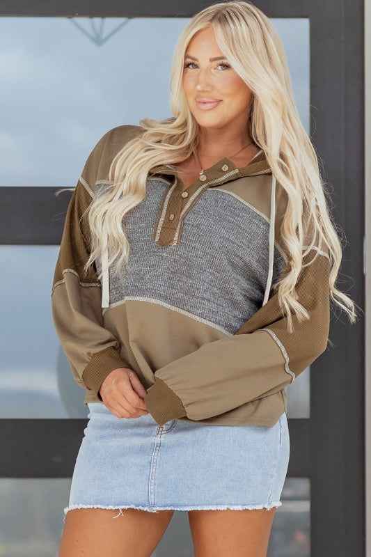 Waffle Knit Patchwork Buttoned Hooded Sweatshirt d7500b1e-5861-40a7-b0d4-ea01b0625df0
