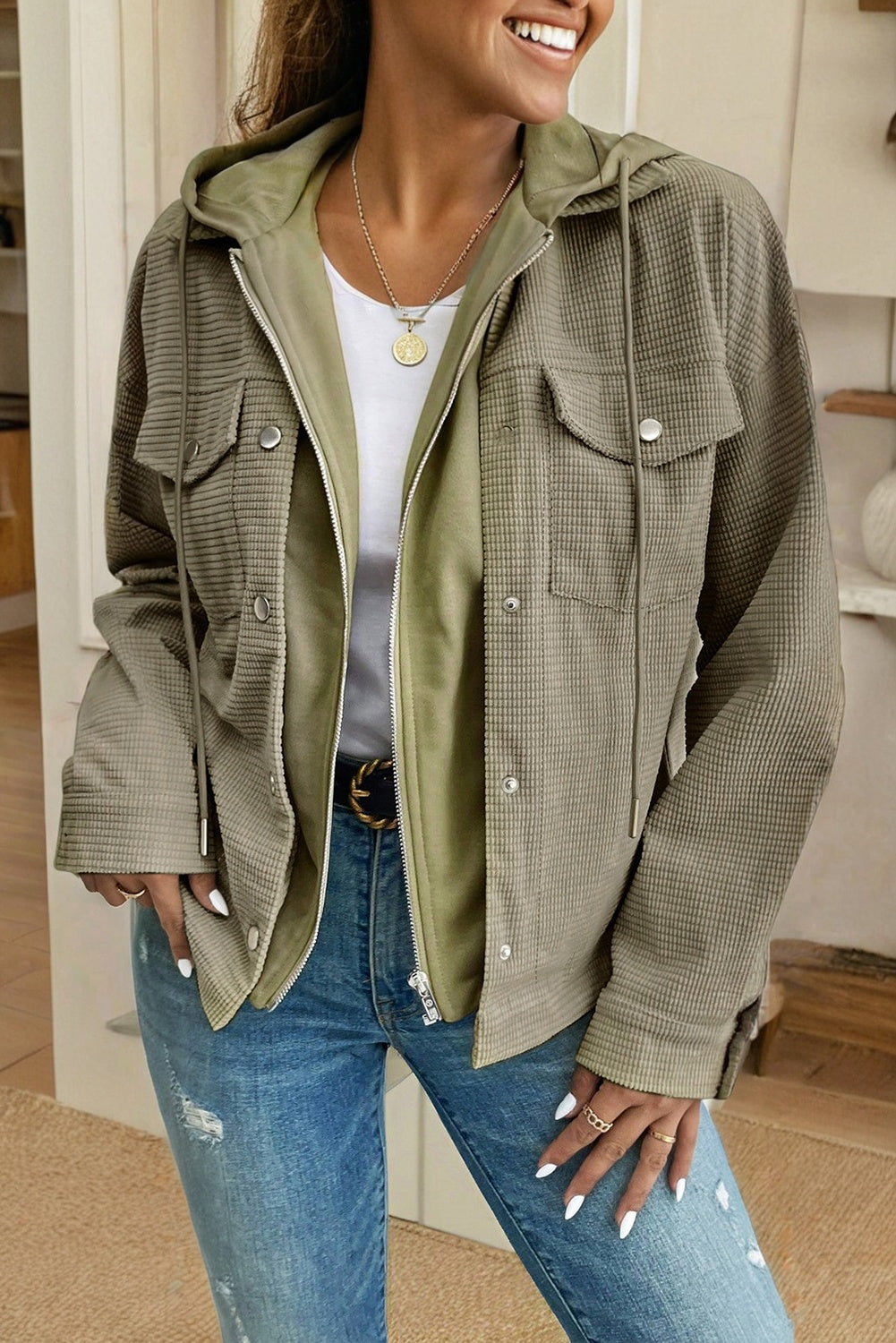 Laurel Green Solid Color Textured Patchwork Flap Pocket Shacket Laurel Green 100%Polyester d752ad12624e2a4e
