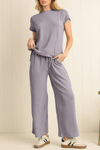 Wild Wind Solid Corded Short Sleeve T Shirt and Wide Leg Pants Set Wild Wind 75%Polyester+20%Viscose+5%Elastane d753b60e1cf3d0e4