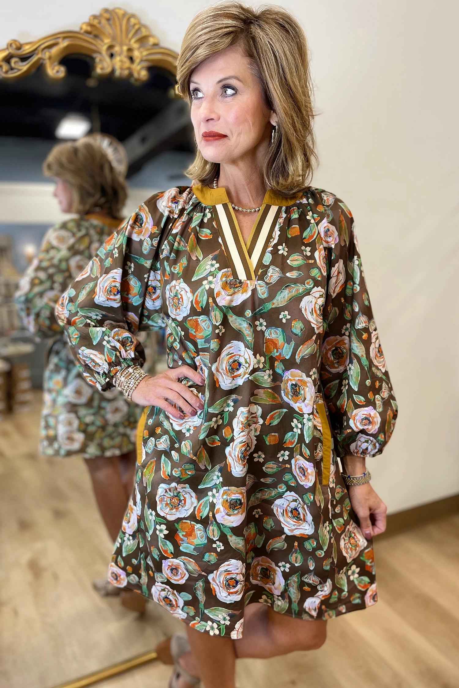 Brown Floral Print Contrast Trim V Neck Pocketed Long Sleeve Mini Dress d754b1db48fbfc49