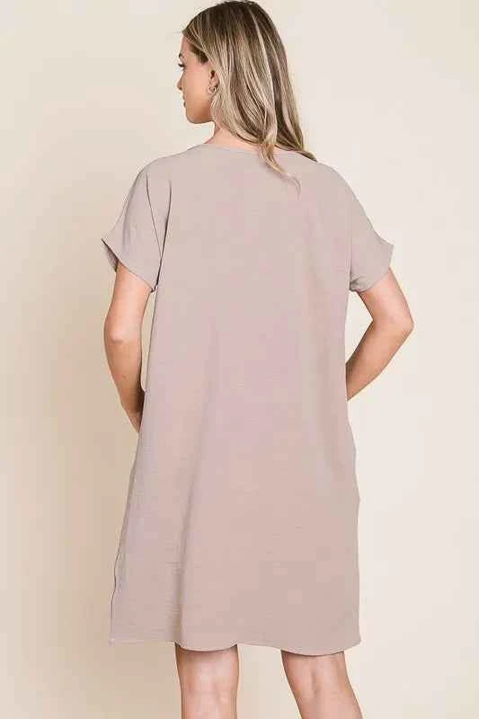 BOMBOM V-Neck Short Sleeve Dress with Pockets d75db0e3-6b56-413a-a4eb-cdcf3b829699-Max-Origin