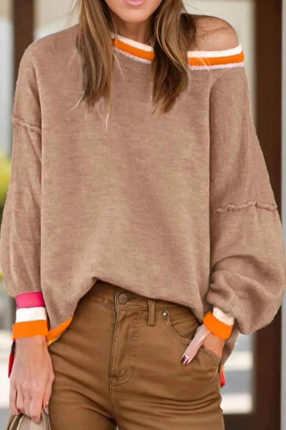 Contrast Round Neck Long Sleeve Sweater Dust Storm d762b9ea-6f0f-41b4-b048-12262d778552-Max