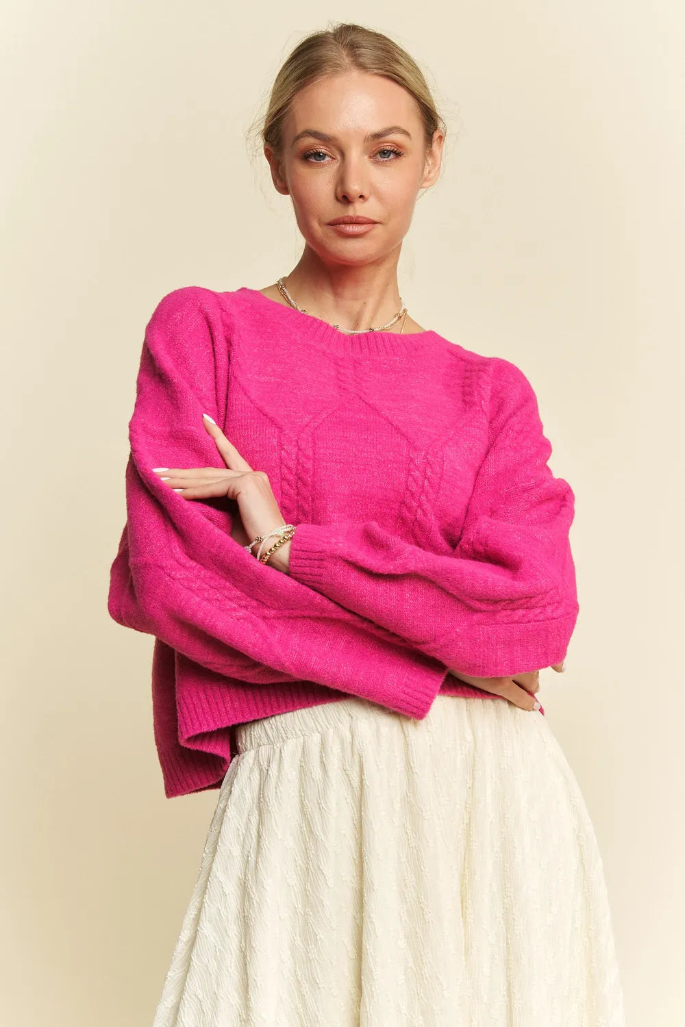Davi & Dani Diamond Cable Pattern Drop Shoulder Sweater d7651c81-b58e-4d78-bbf4-608354dea6dd-Max