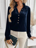 Velvet Button Front Long Sleeve Blouse Navy d7652d7be75144f1a73694ba5347561d-Max-Origin