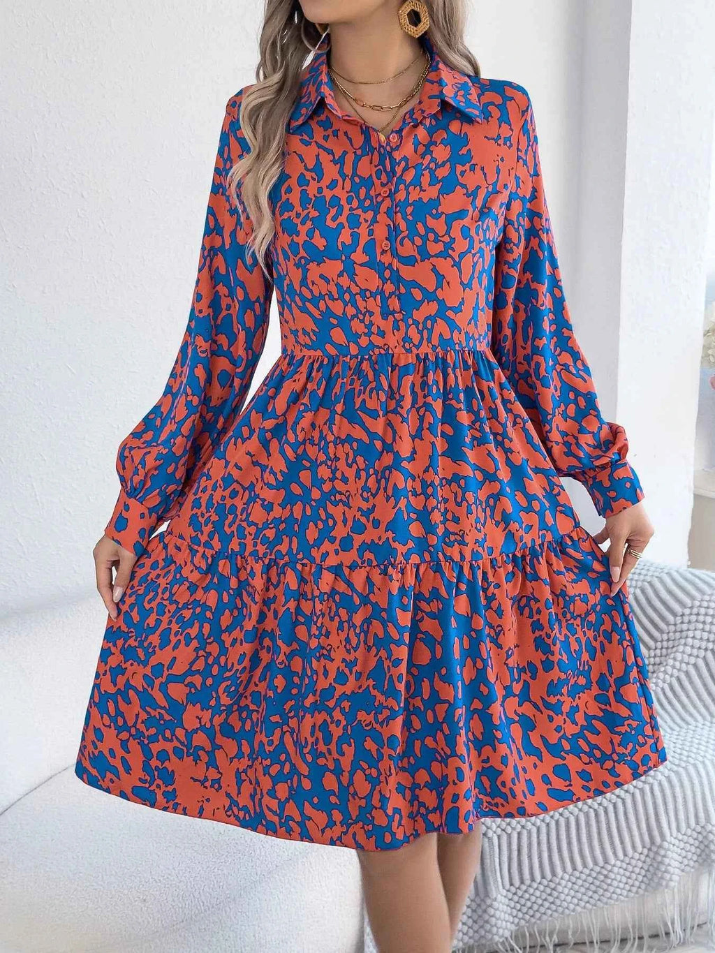 Printed Collared Neck Long Sleeve Dress d766f40bed1c4fe082375e2b3420ba7a-Max-Origin