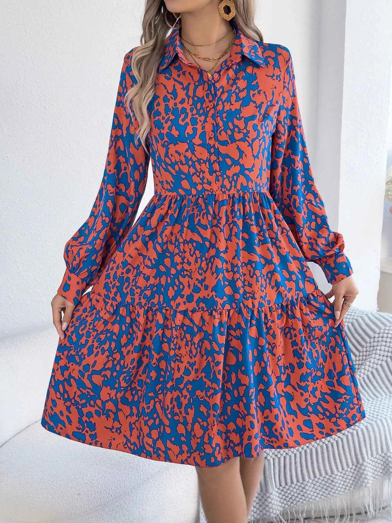 Printed Collared Neck Long Sleeve Dress d766f40bed1c4fe082375e2b3420ba7a-Max-Origin
