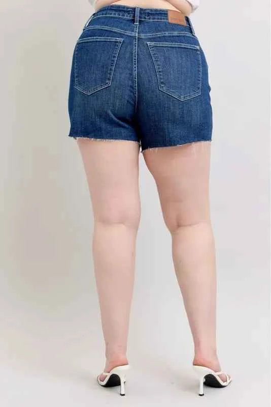 Judy Blue Plus Size High Waist Criss-Cross Waistband Denim Shorts d76842bf14db4fc2a4f55f048014d1a8-Max-Origin