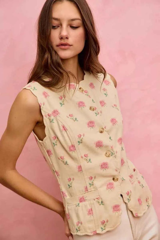 SO ME Floral Rose Cotton Twill Scallop Button Vest Top d773f154dcb84867ab99d53bf9b7cb51-Max-Origin