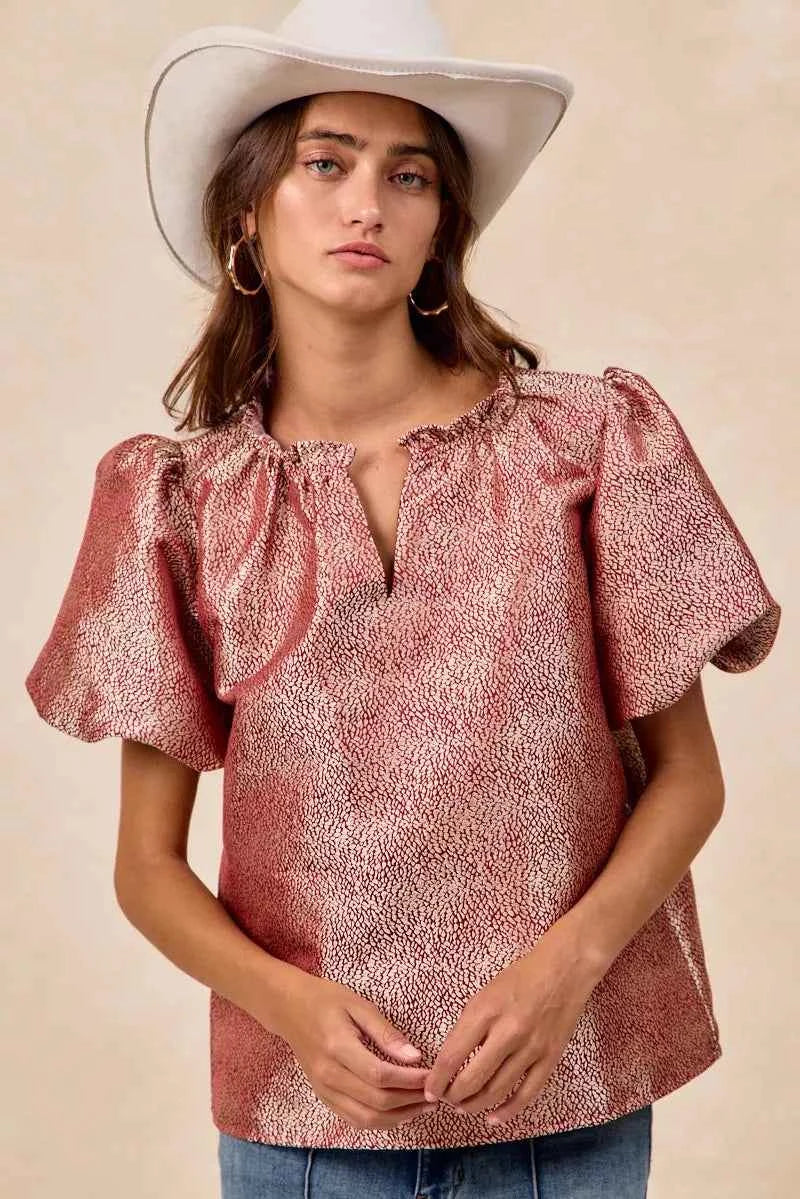 BiBi Jacquard Woven Short Balloon Sleeves V Neck Top d777605b6cfb4f8fa18f6298b820771c-Max-Origin