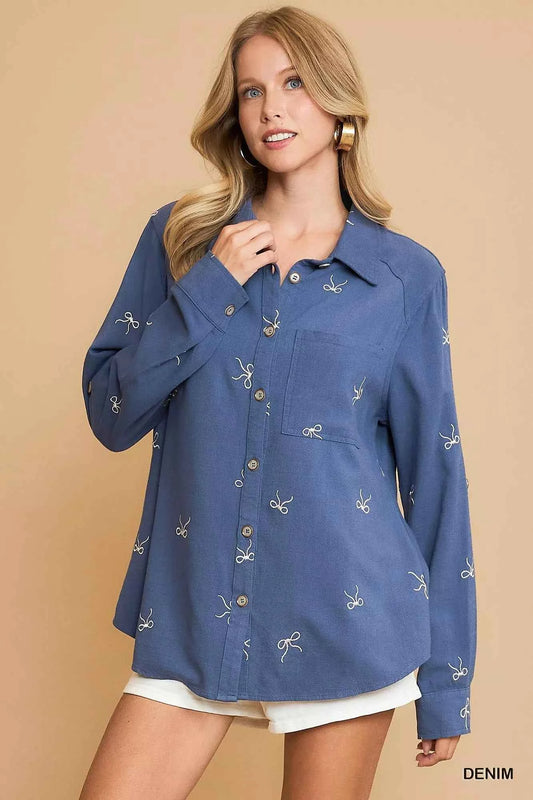Umgee Linen Blend Fitted Shirt with Ribbon Embroidery Details DENIM d777fca9-d2d7-4ead-b821-0be98e70bf6f-Max-Origin