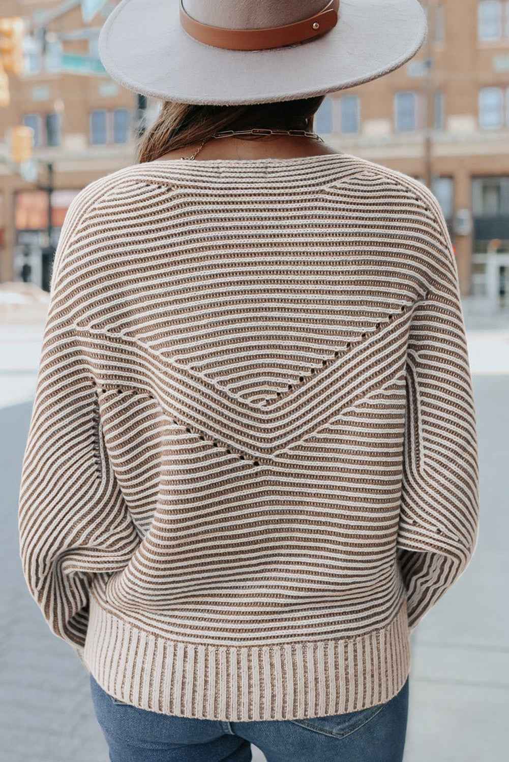 Light French Beige Striped Print Ribbed Knit Raglan Sleeve Baggy Sweater d7789e9c24c53365