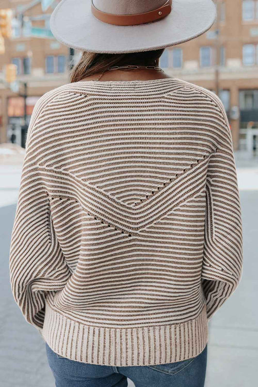 Light French Beige Striped Print Ribbed Knit Raglan Sleeve Baggy Sweater d7789e9c24c53365