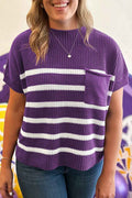 Purple Stripe Raw Edge Patched Pocket Short Sleeve Knit Sweater Purple Stripe 55%Acrylic+45%Cotton d77db00a8cba09e6