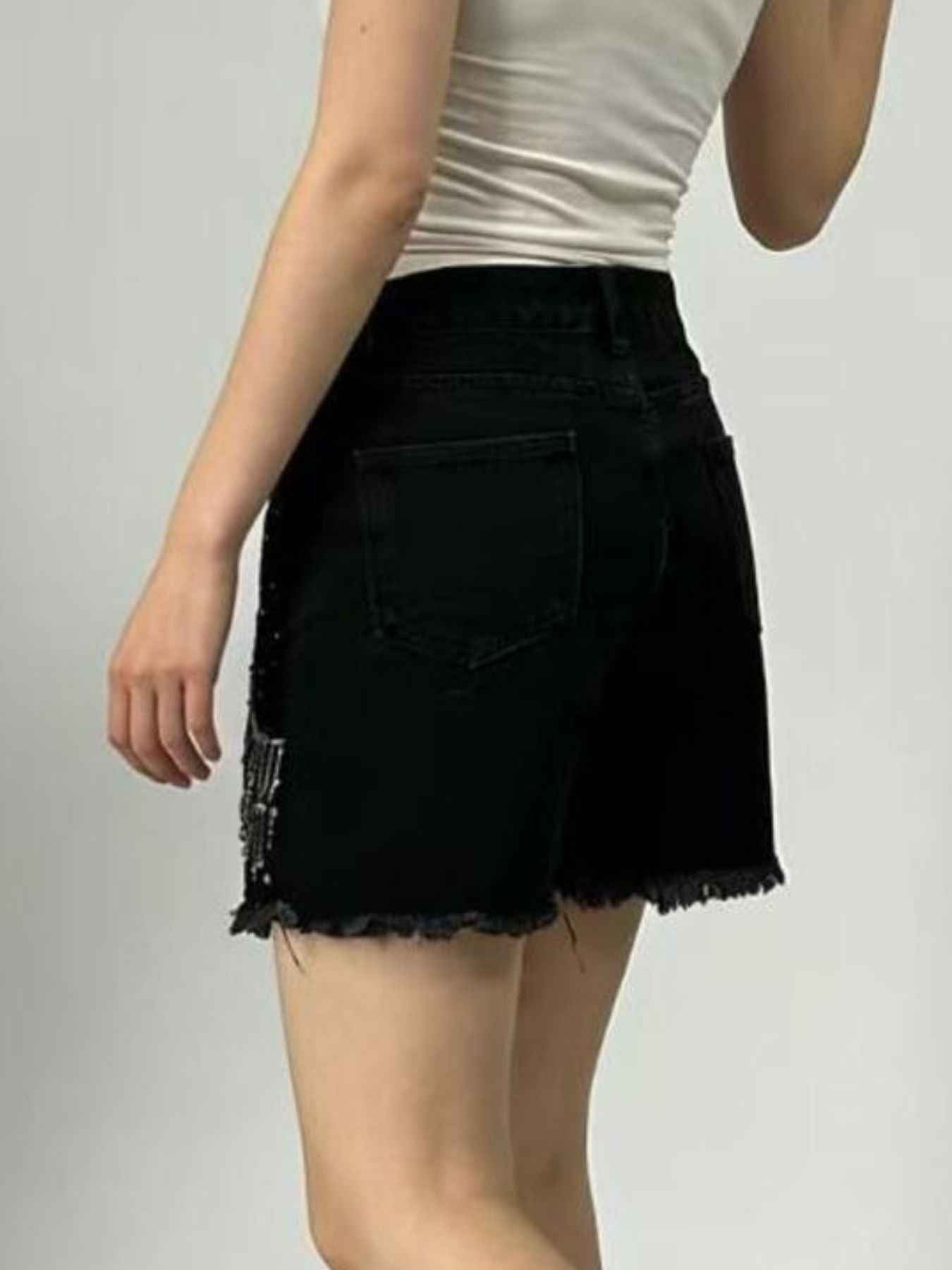 Rhinestone Chain Raw Hem Denim Shorts d77e1120-7b05-47d5-b006-97eab890235c-Max