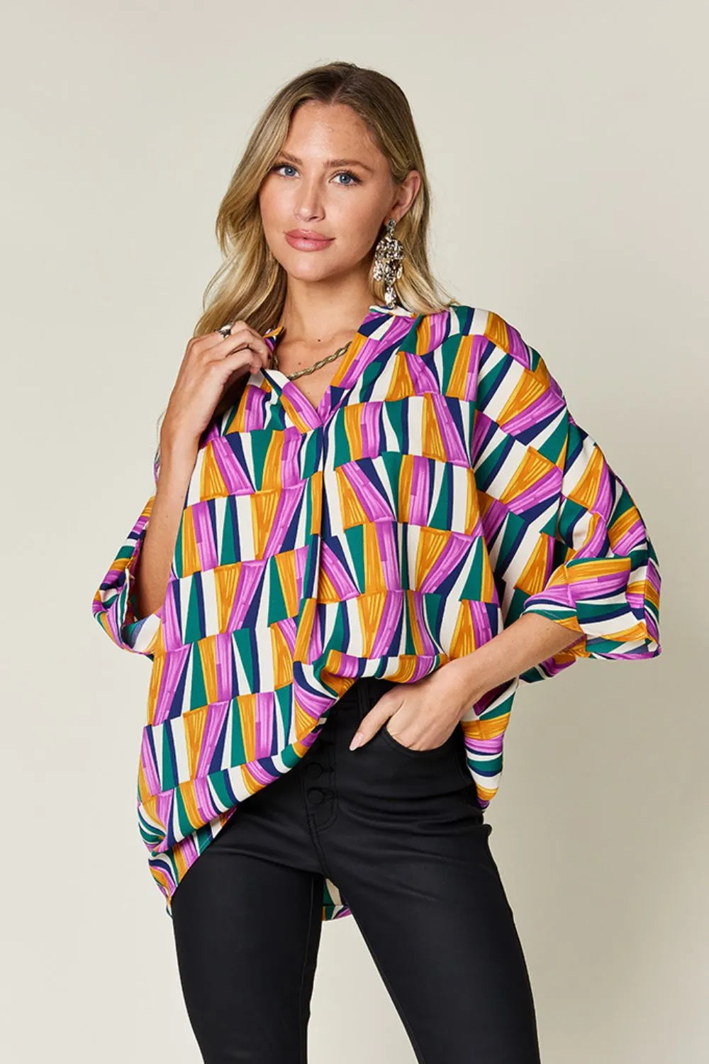 Double Take Full Size Geometric Notched Dolman Sleeve Top d7809957-8379-4fad-acf2-c95f99e0f4ea-Max