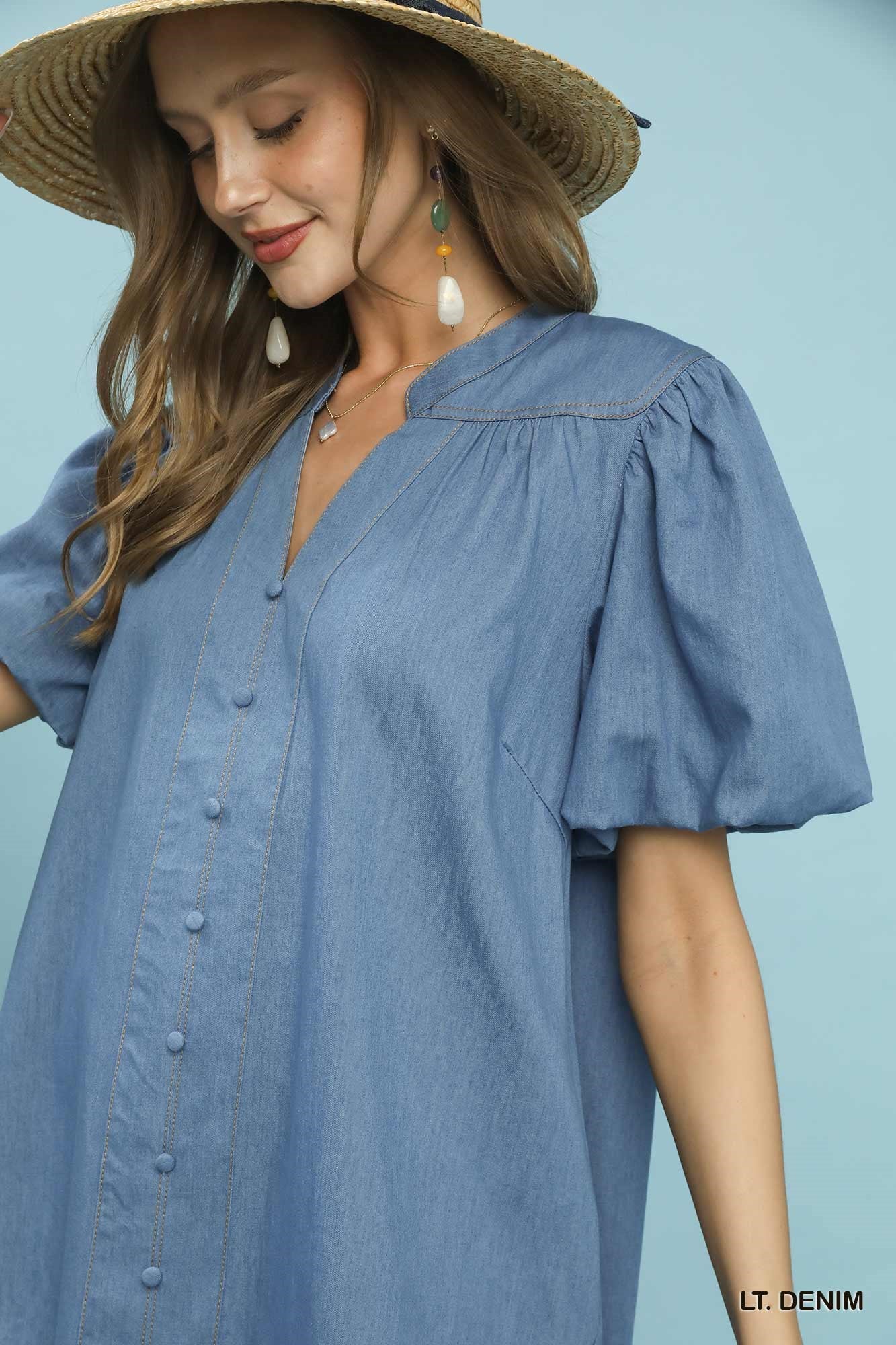 Umgee Chambray Puff Sleeve Dress d7816f63-9af8-4143-8986-5e01bf6a2cac-Max