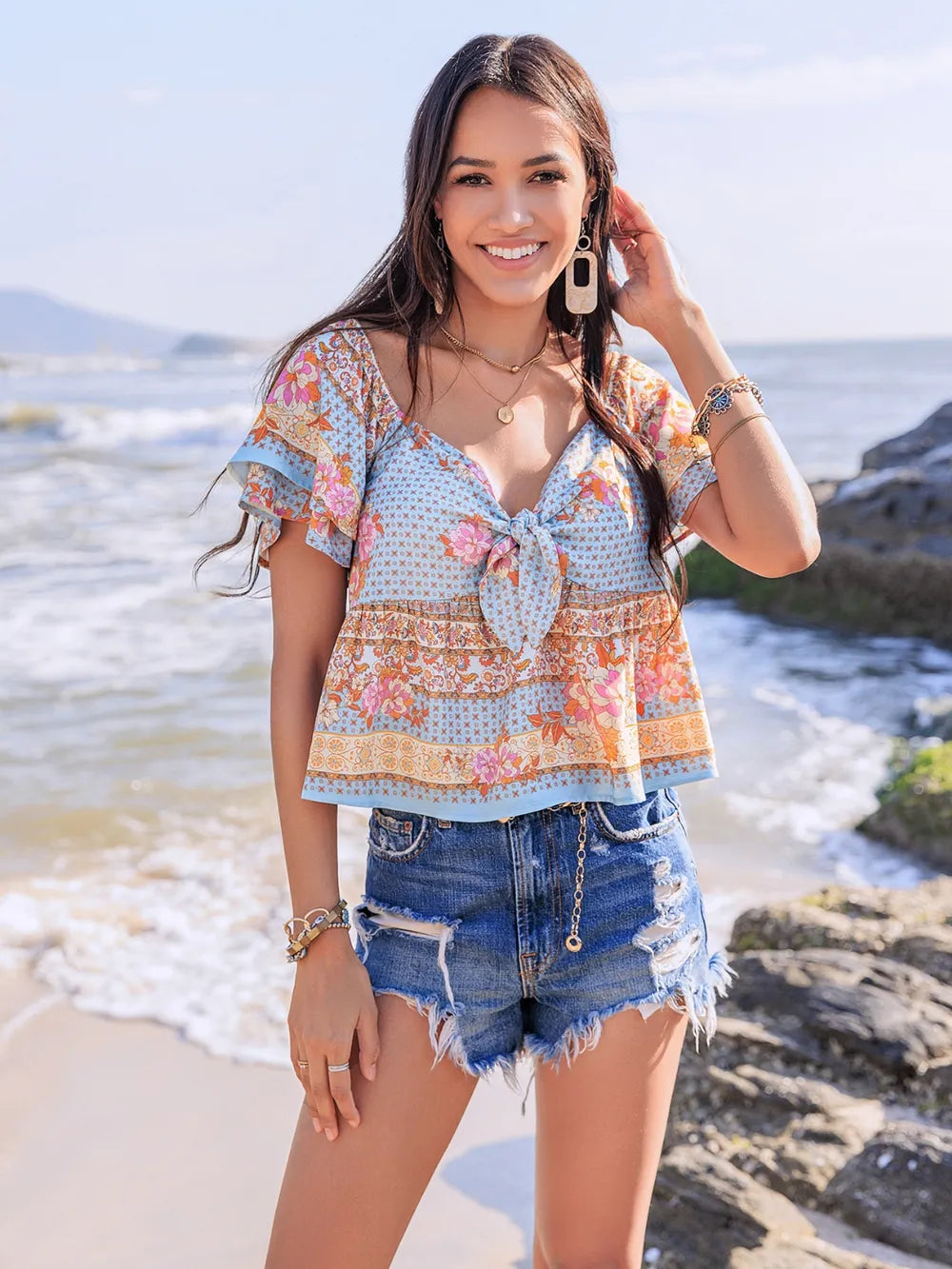 Printed Sweetheart Neck Layered Short Sleeve Blouse Watermelon pink d783f1d3-422d-4d9b-9ddd-8ad9dda33d01-Max