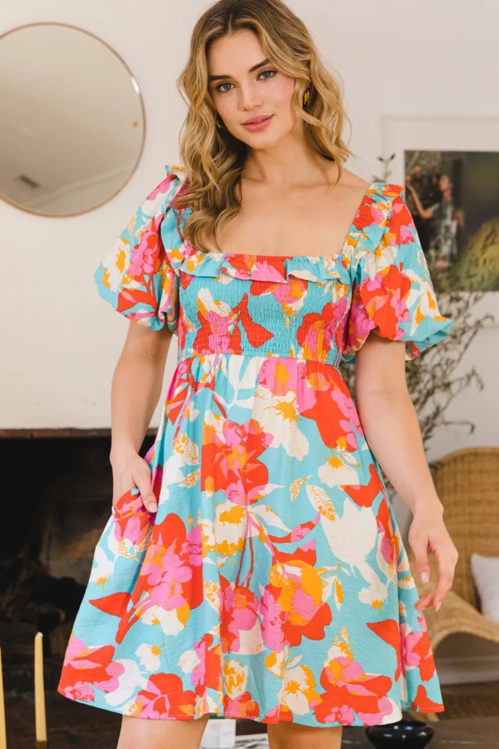 ODDI Printed Smocked Puff Sleeve Mini Dress Aqua Multi d786285f-a01d-4720-8127-dd1a19399404-Max