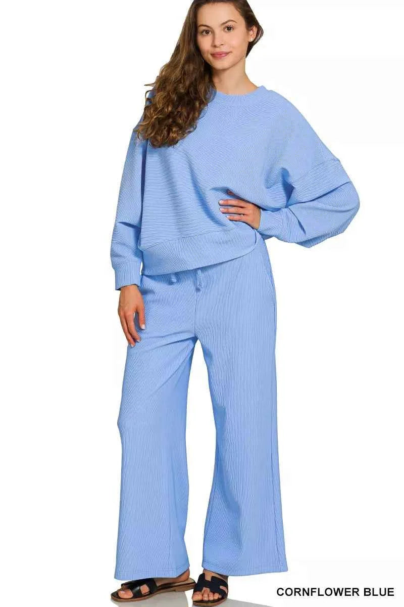 Zenana Ribbed Round Neck Pullover and Drawstring Pants Set CORNFLOWER BLUE d789d5dd50f04e7ab3cfcccc2f32e13e-Max-Origin