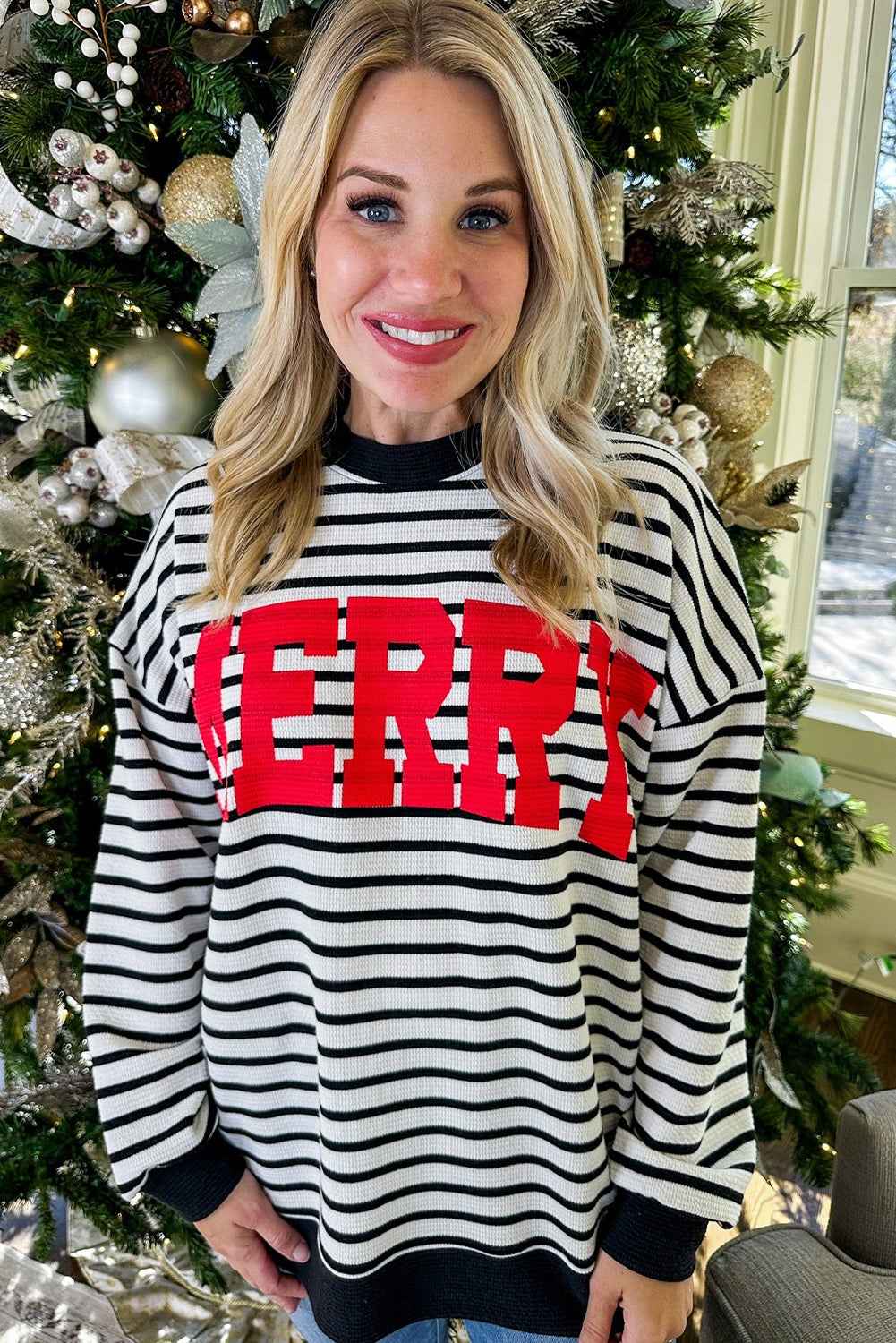 Black Stripe MERRY Letter Print Christmas Sweatshirt d78d43136099a3ef