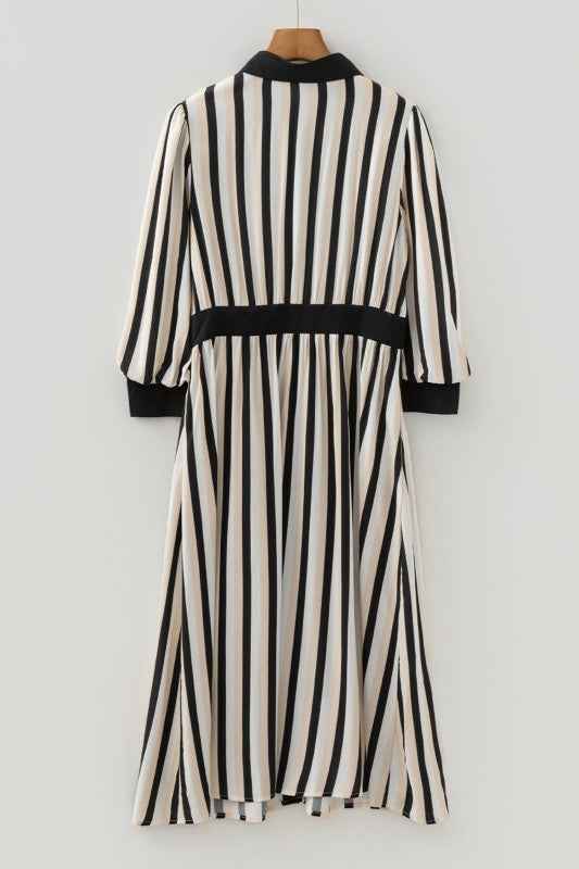 Stripe 3/4 Puff Sleeve Button Midi Dress d79cbd5f-97f6-4b44-91e4-18612418fc88