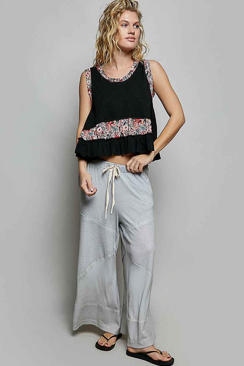 POL Floral Print Patche Round Neck Ribbed Tank with Double Gauze Ruffle Accents d7a14e5e-7f2d-474f-b68b-16397c403033-Max