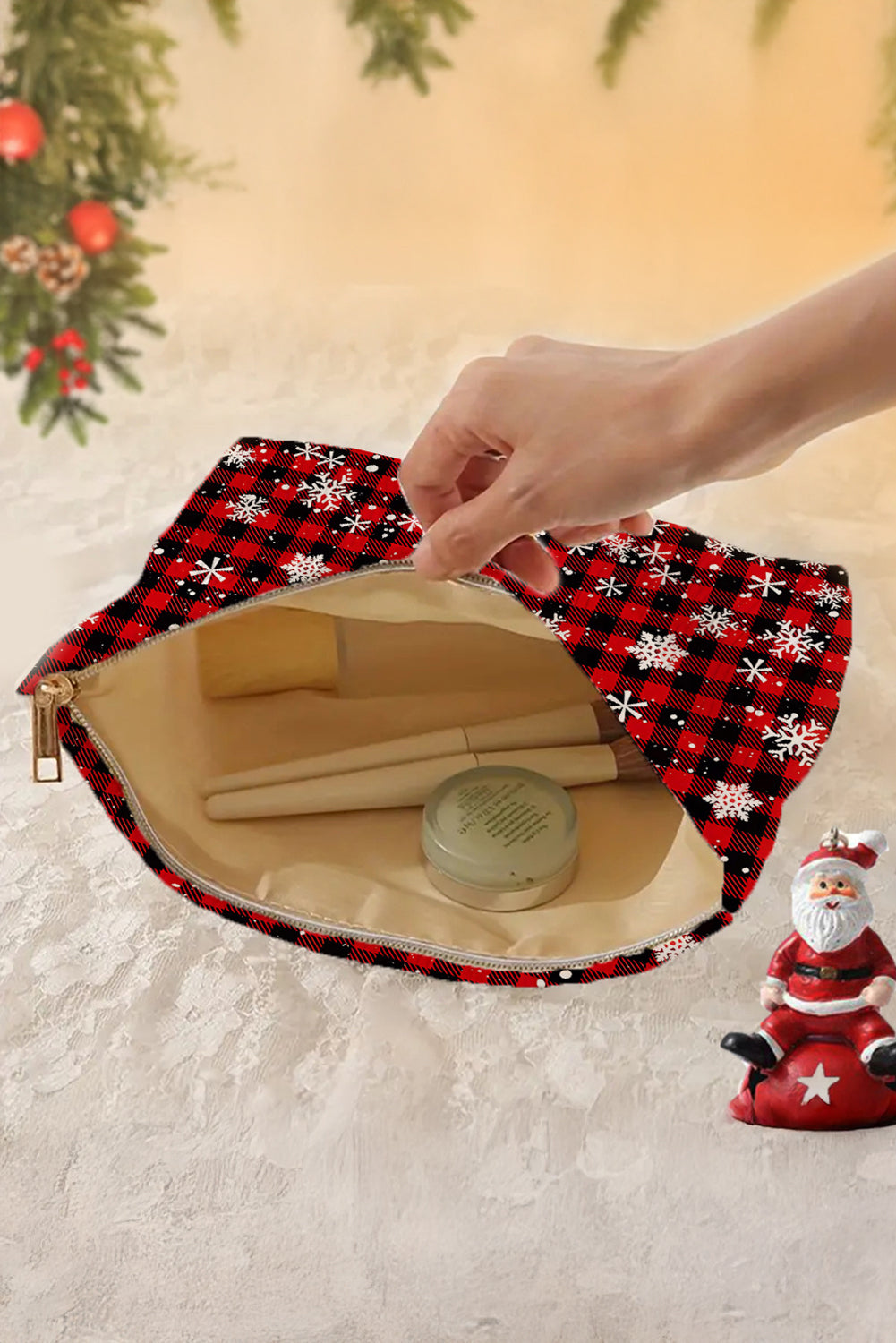 Fiery Red Plaid Christmas Snowflake Print Cosmetic Bag