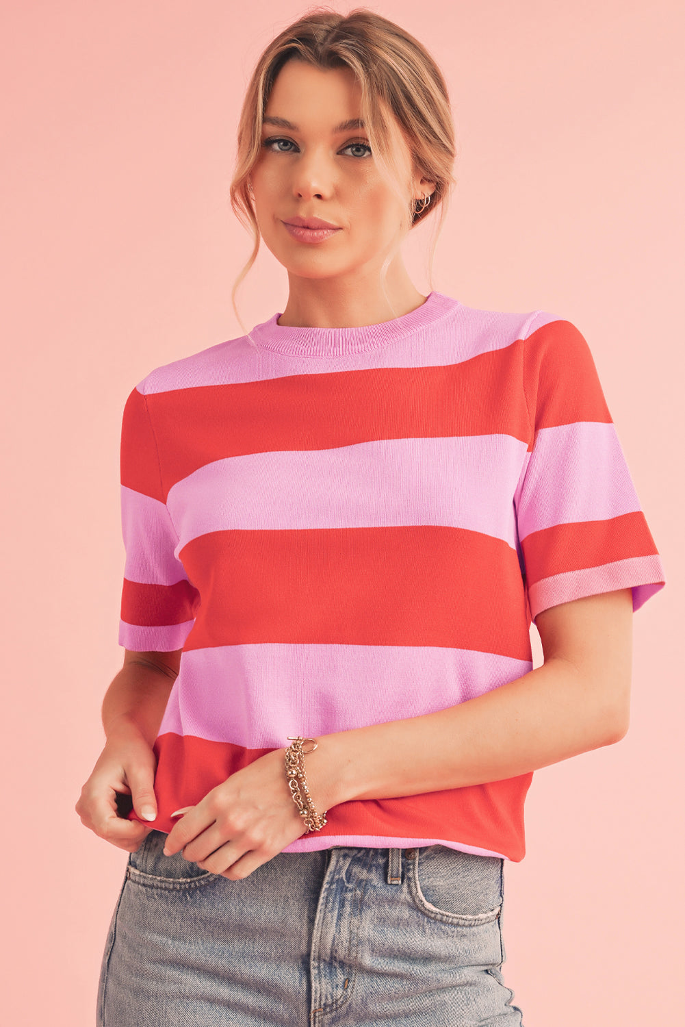Bright Pink Colorblock Knitted Round Neck T Shirt d7a2b95a38c08e9d