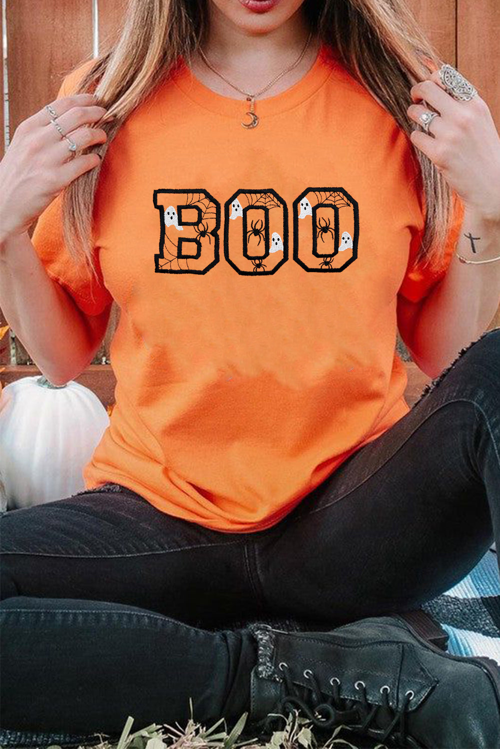 Orange BOO Halloween Ghost Sipder Embroidered Graphic Tee d7a47aa002a23ff1